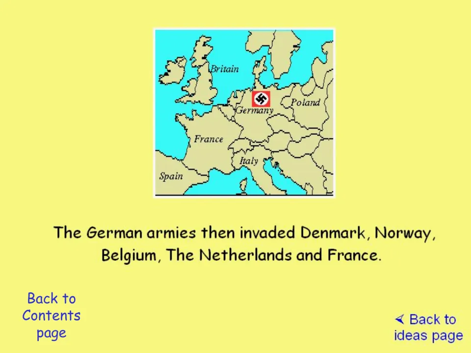 War outbreak follow-up slide maps Europe and names Denmark, Norway, Belgium, the Netherlands, and France