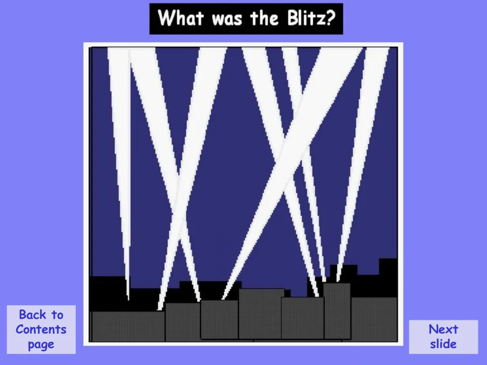 Blitz section opener asks 'What was the Blitz?' above an illustration of searchlights over a city