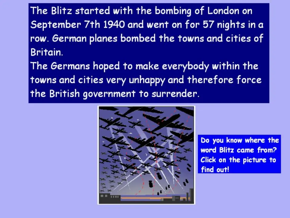Blitz reading slide describes London's bombing, 57 consecutive nights, and a question about the word's origin