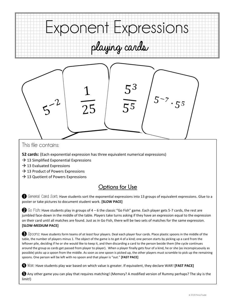 Exponent Expressions playing cards: 52 cards in 13 equivalent sets, with rules for a card sort, Go Fish, Spoons and War