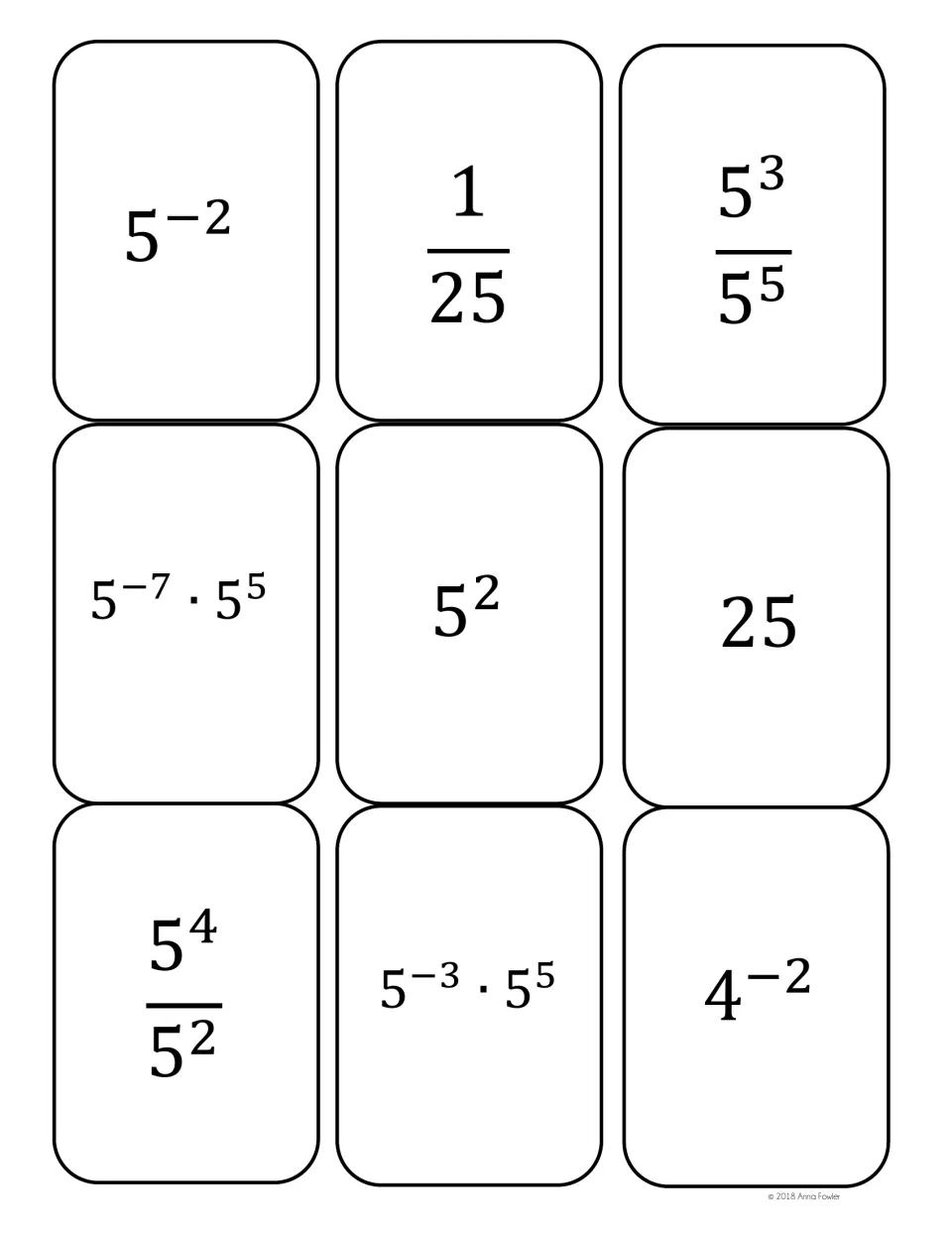 Base-5 cards to match by value: 5^-2, 1/25, 5^3/5^5 and 5^-7·5^5; 5^2, 25, 5^4/5^2 and 5^-3·5^5; plus a 4^-2 card