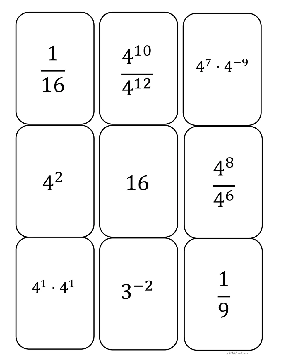 Base-4 cards: 1/16, 4^10/4^12 and 4^7·4^-9 match 4^-2; 4^2, 16, 4^8/4^6 and 4^1·4^1 form a set; 3^-2 and 1/9 begin another