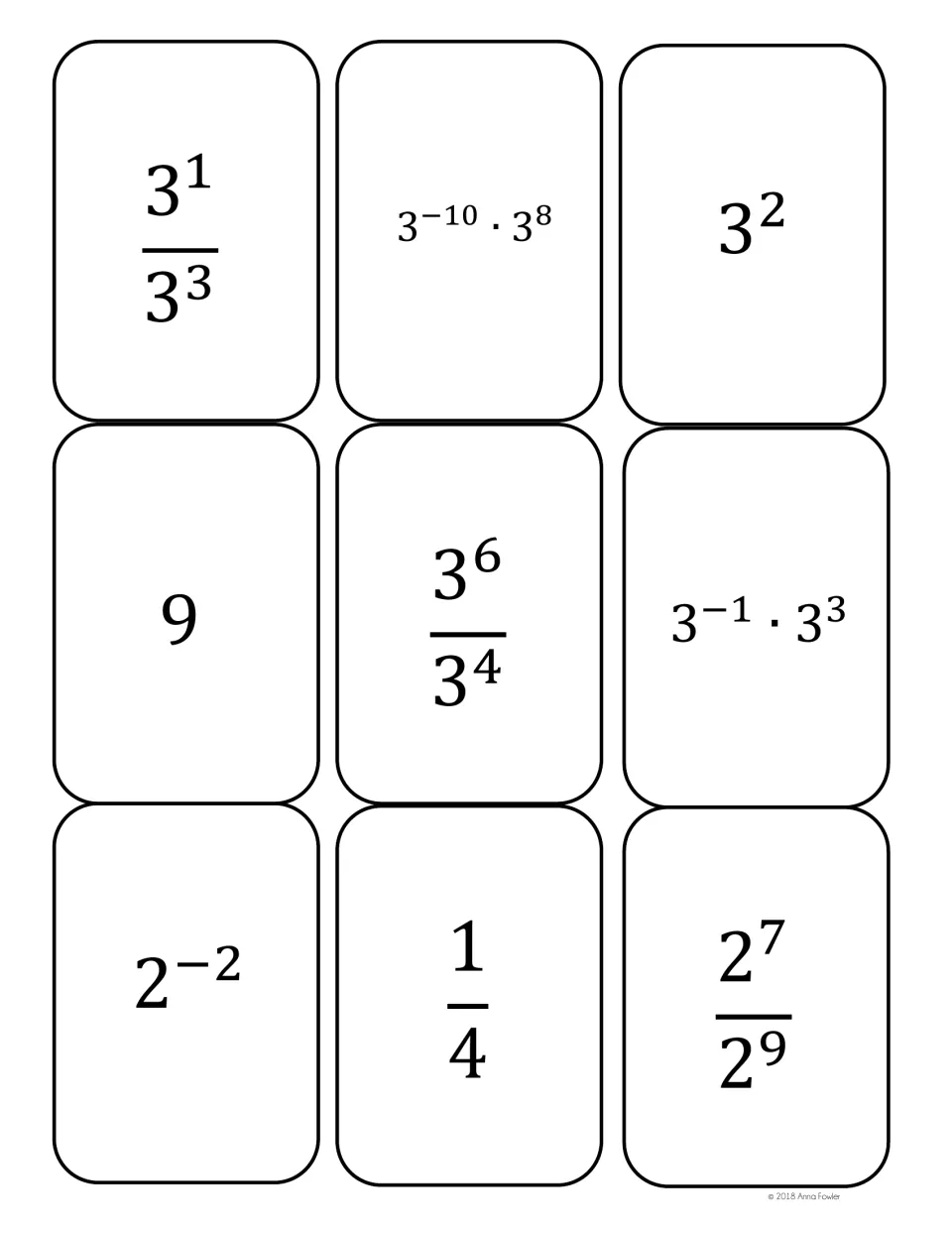 Cards with base 3 and 2: 3^1/3^3, 3^-10·3^8, 3^2, 9, 3^6/3^4, 3^-1·3^3, then 2^-2, 1/4 and 2^7/2^9 to match by value