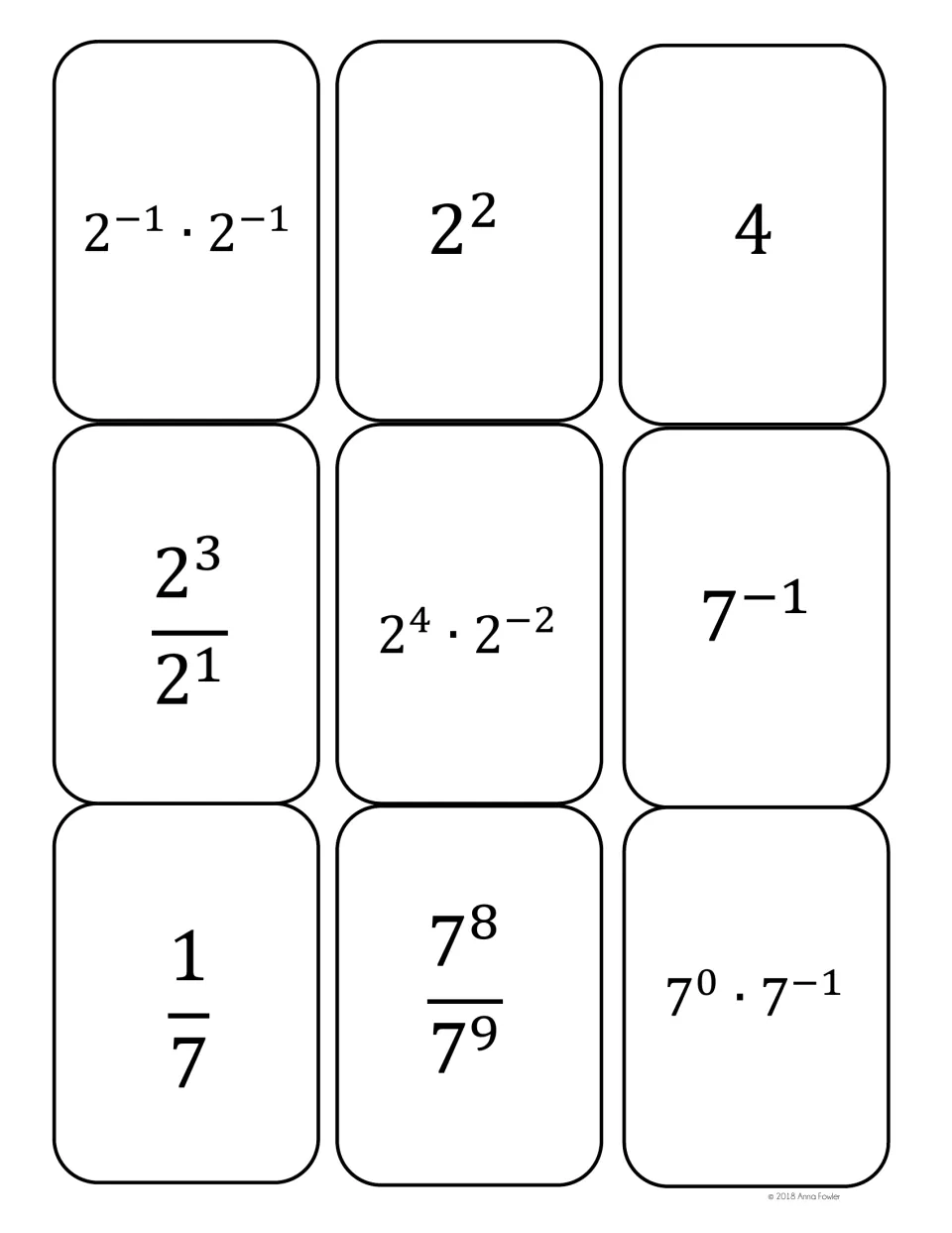 Product and quotient of powers cards: 2^-1·2^-1, 2^2, 4, 2^3/2^1, 2^4·2^-2, then 7^-1, 1/7, 7^8/7^9 and 7^0·7^-1 to group