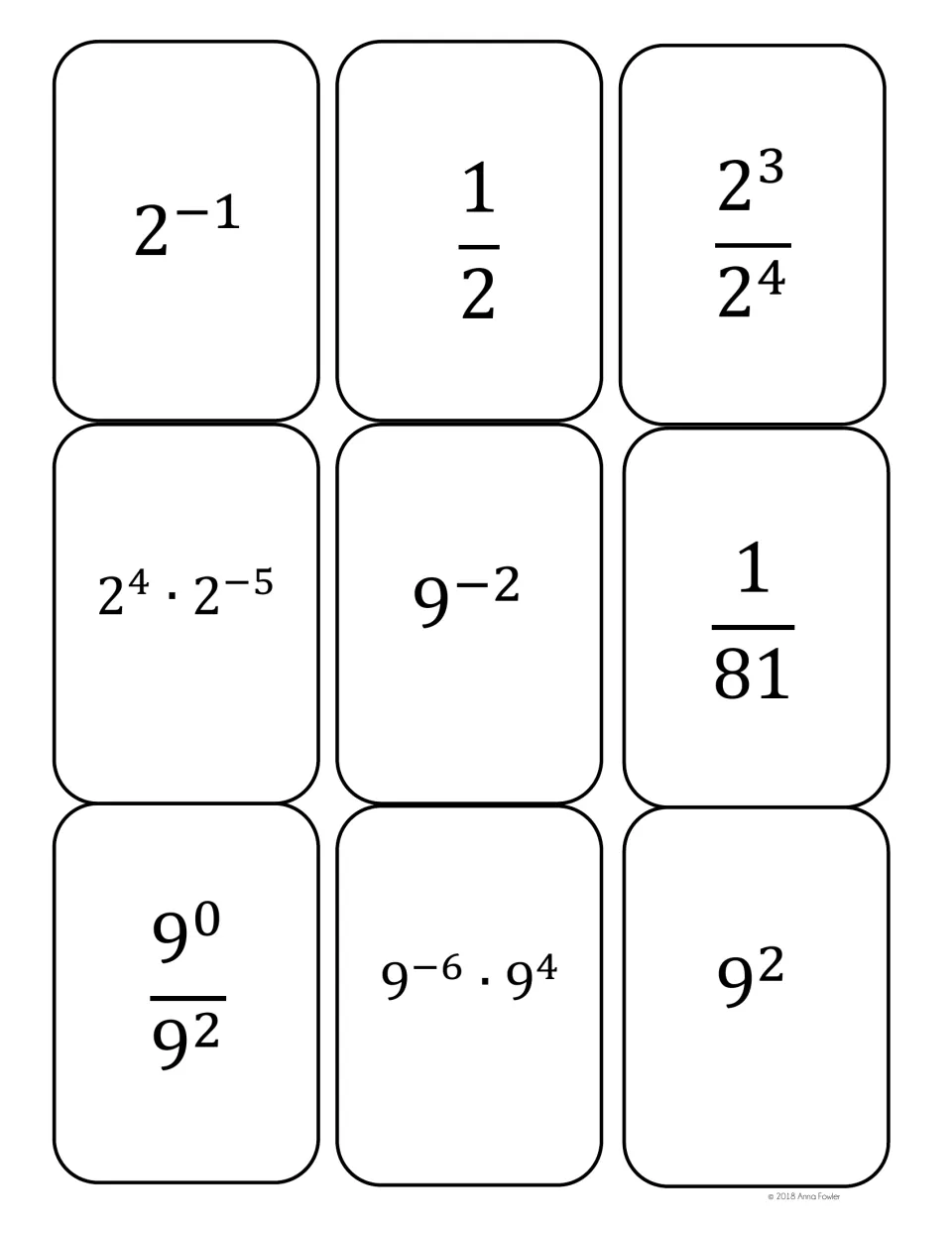 Negative exponent cards to match: 2^-1, 1/2, 2^3/2^4 and 2^4·2^-5; 9^-2, 1/81, 9^0/9^2 and 9^-6·9^4; plus a 9^2 card