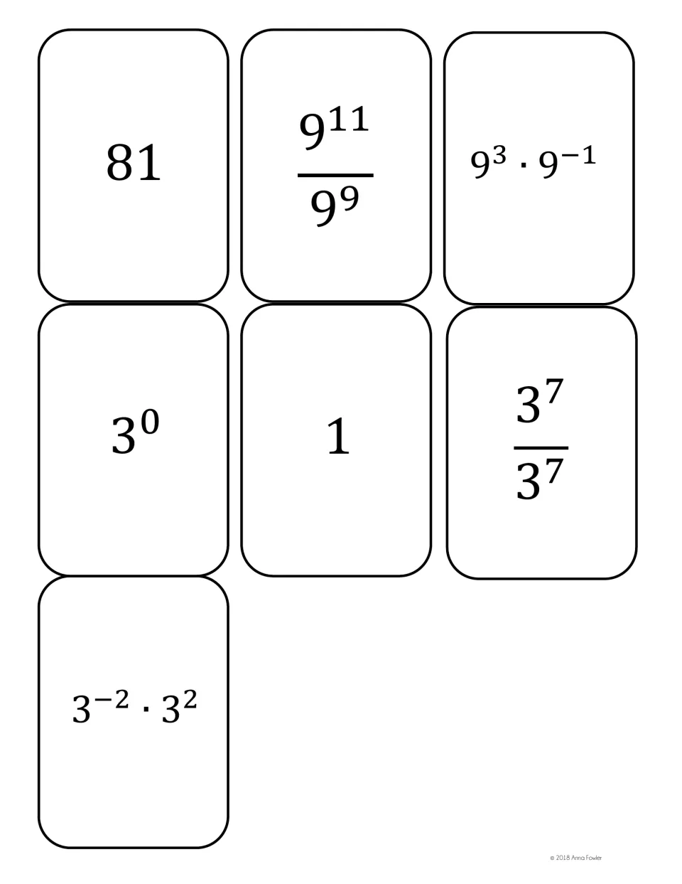 Final seven cards: 81, 9^11/9^9 and 9^3·9^-1 equal to 9^2; zero exponent set 3^0, 1, 3^7/3^7 and 3^-2·3^2