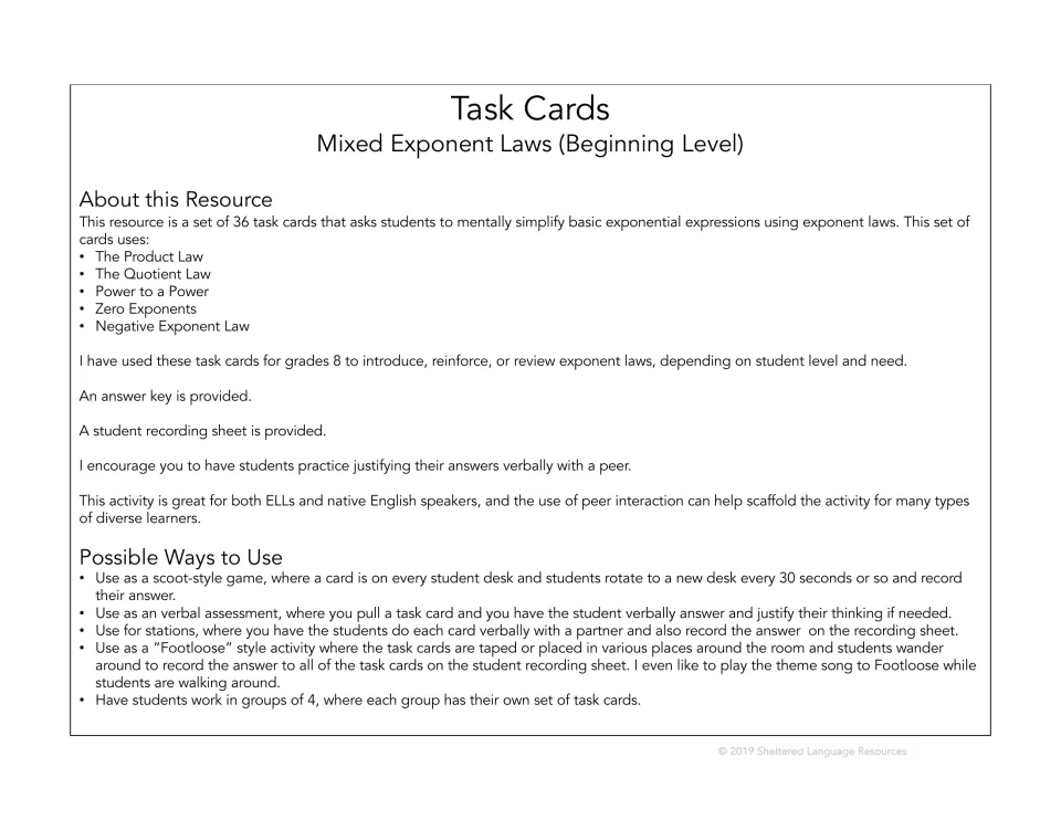 Teacher notes for 36 mixed exponent law cards: product, quotient, power to a power, zero and negative exponent laws