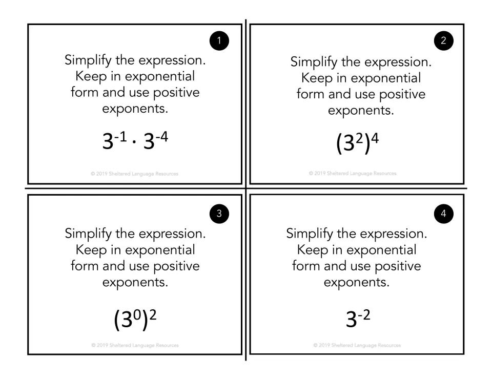 Cards 1-4, base 3: students simplify 3^-1·3^-4, (3^2)^4, (3^0)^2 and 3^-2, keeping positive exponents