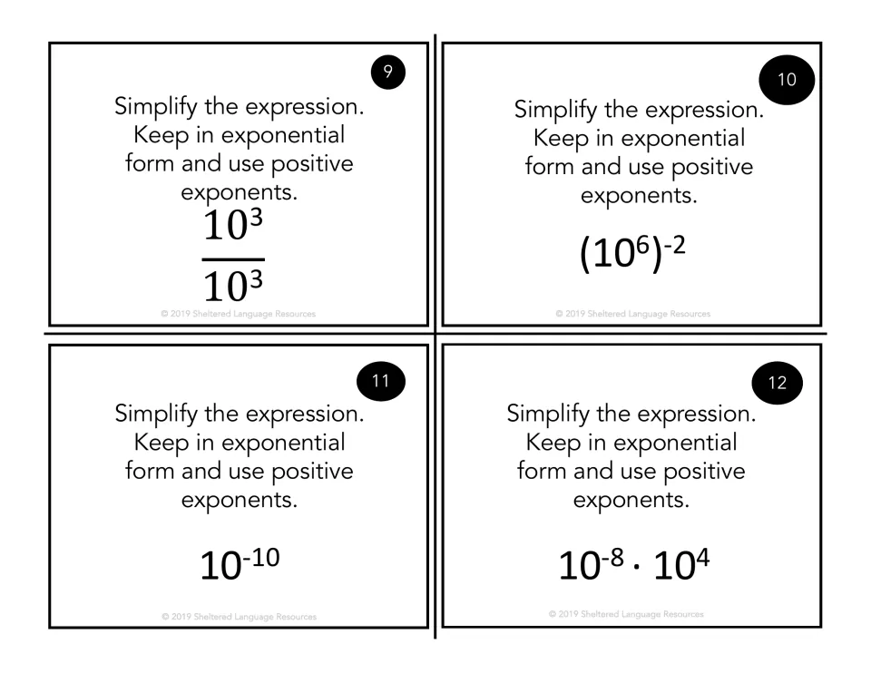 Cards 9-12, base 10: simplify 10^3 over 10^3, (10^6)^-2, 10^-10 and 10^-8·10^4, rewriting with positive exponents