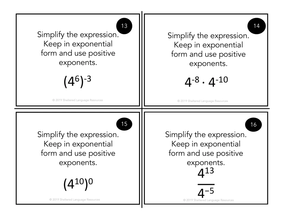 Cards 13-16, base 4: simplify (4^6)^-3, 4^-8·4^-10, (4^10)^0 and 4^13 over 4^-5 using the exponent laws