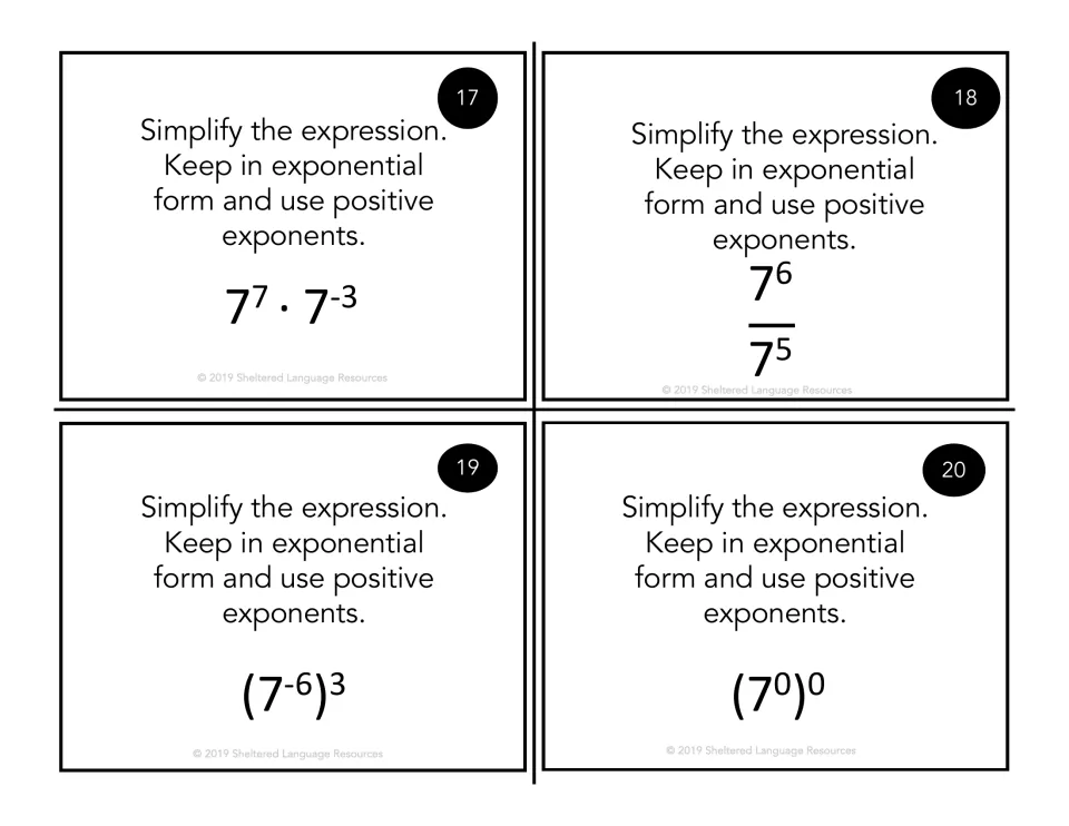 Cards 17-20, base 7: simplify 7^7·7^-3, 7^6 over 7^5, (7^-6)^3 and (7^0)^0, keeping answers in exponential form