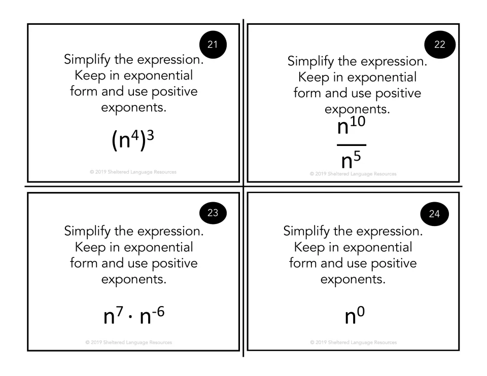 Cards 21-24, variable n: simplify (n^4)^3, n^10 over n^5, n^7·n^-6 and n^0 with the power, quotient and zero laws