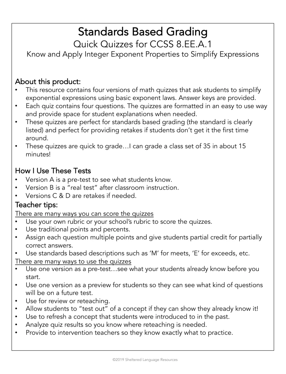 Exponent properties quiz overview: four versions with answer keys, plus a pre-test, test and retake plan and scoring ideas