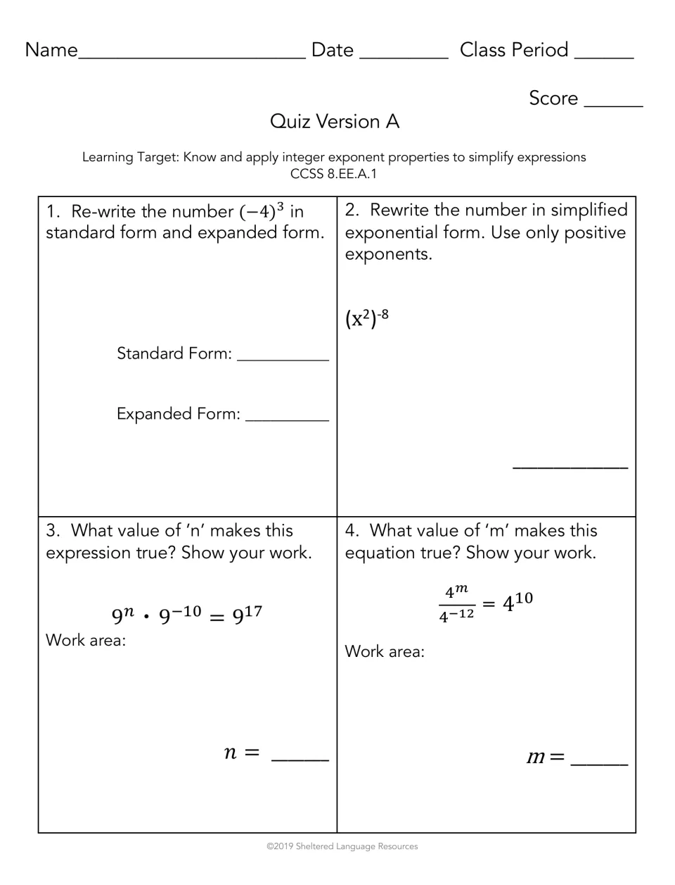 Quiz Version A on exponent properties: students expand (-4)^3, simplify (x^2)^-8 and find n and m in exponent equations