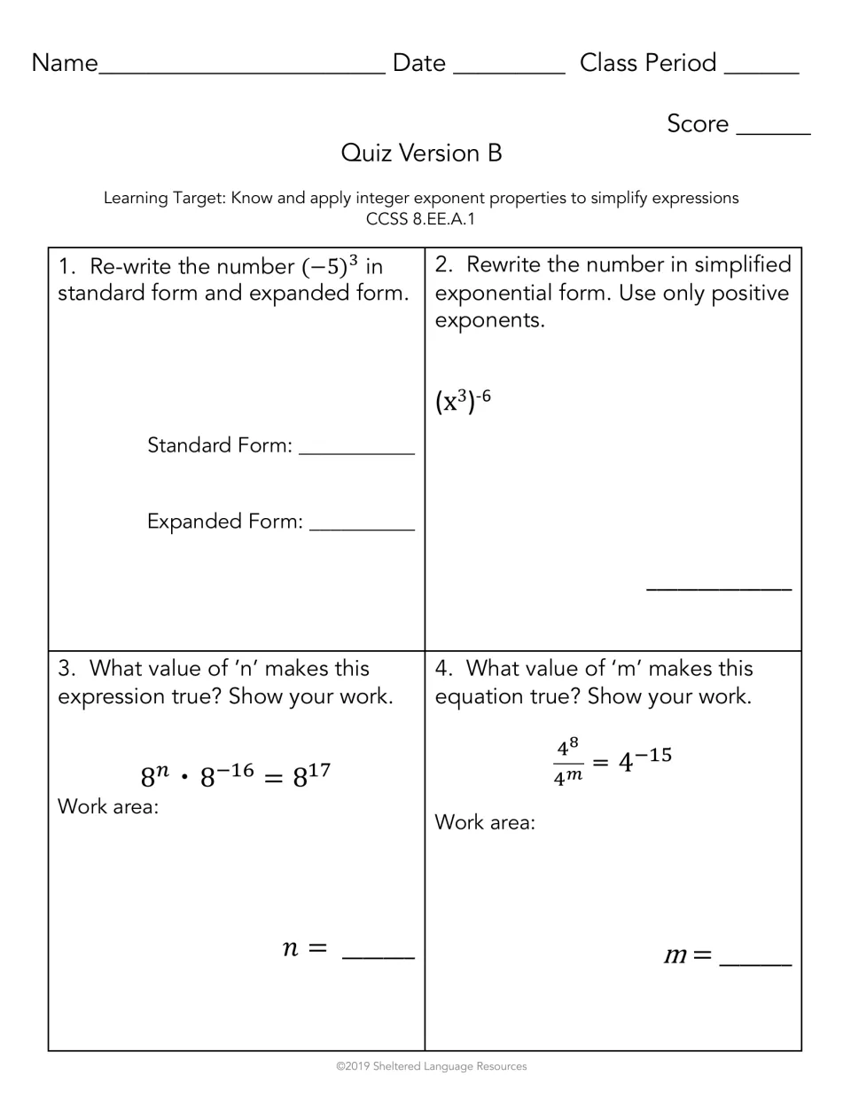Quiz Version B on exponent properties: students expand (-5)^3, simplify (x^3)^-6 and find n and m in exponent equations