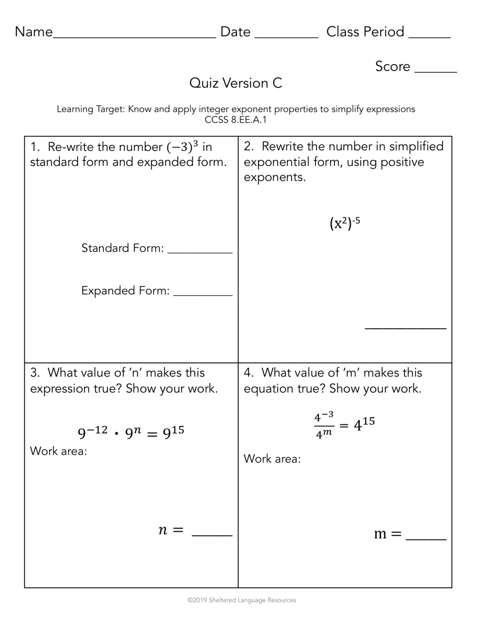 Quiz Version C on exponent properties: students expand (-3)^3, simplify (x^2)^-5 and find n and m in exponent equations