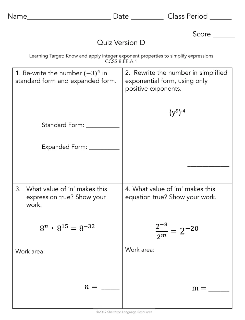 Quiz Version D on exponent properties: students expand (-3)^4, simplify (y^9)^-4 and find n and m in exponent equations