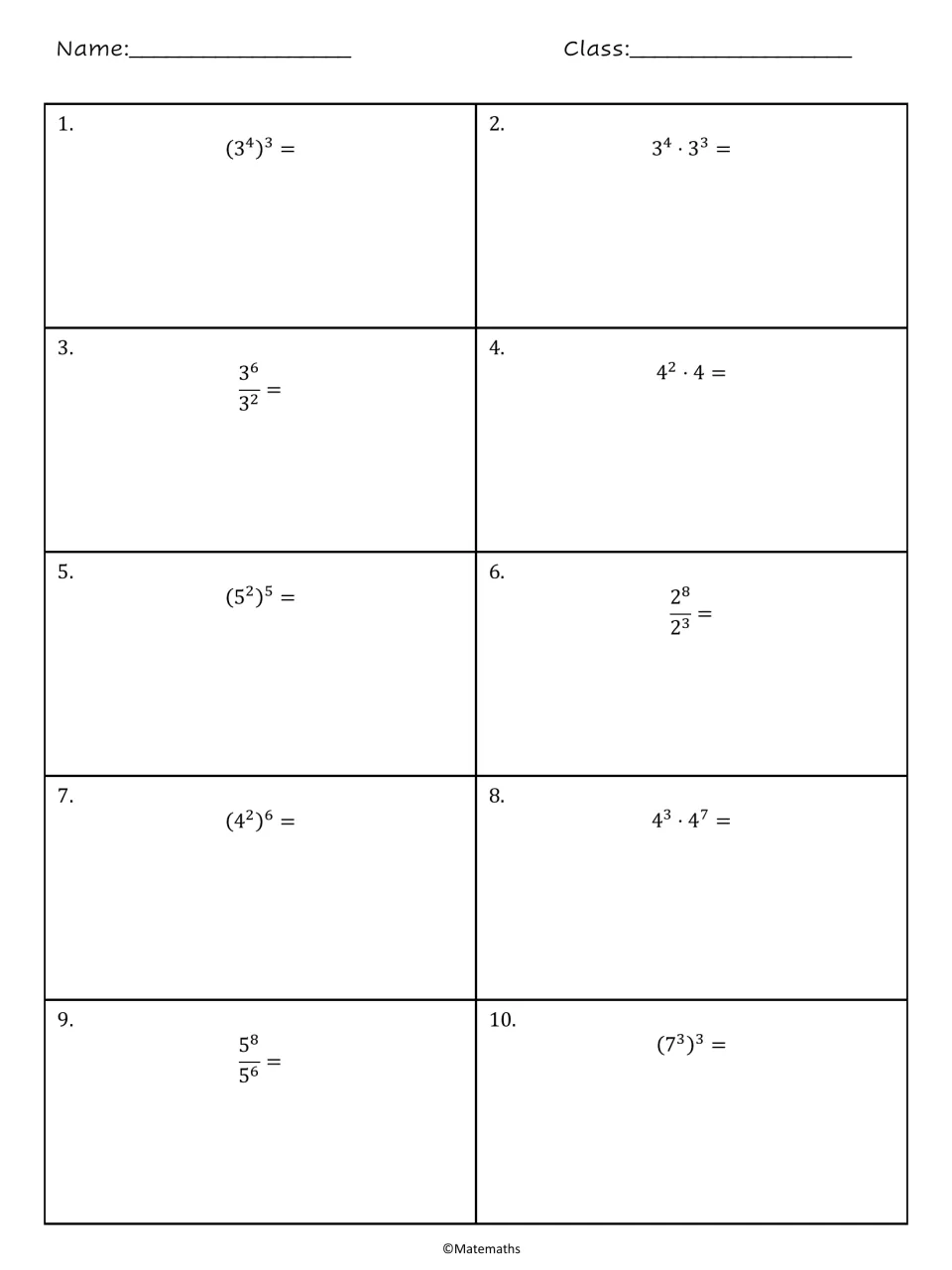 Power, product and quotient rules: students simplify 10 exponent expressions such as (3^4)^3, 3^4·3^3 and 3^6/3^2
