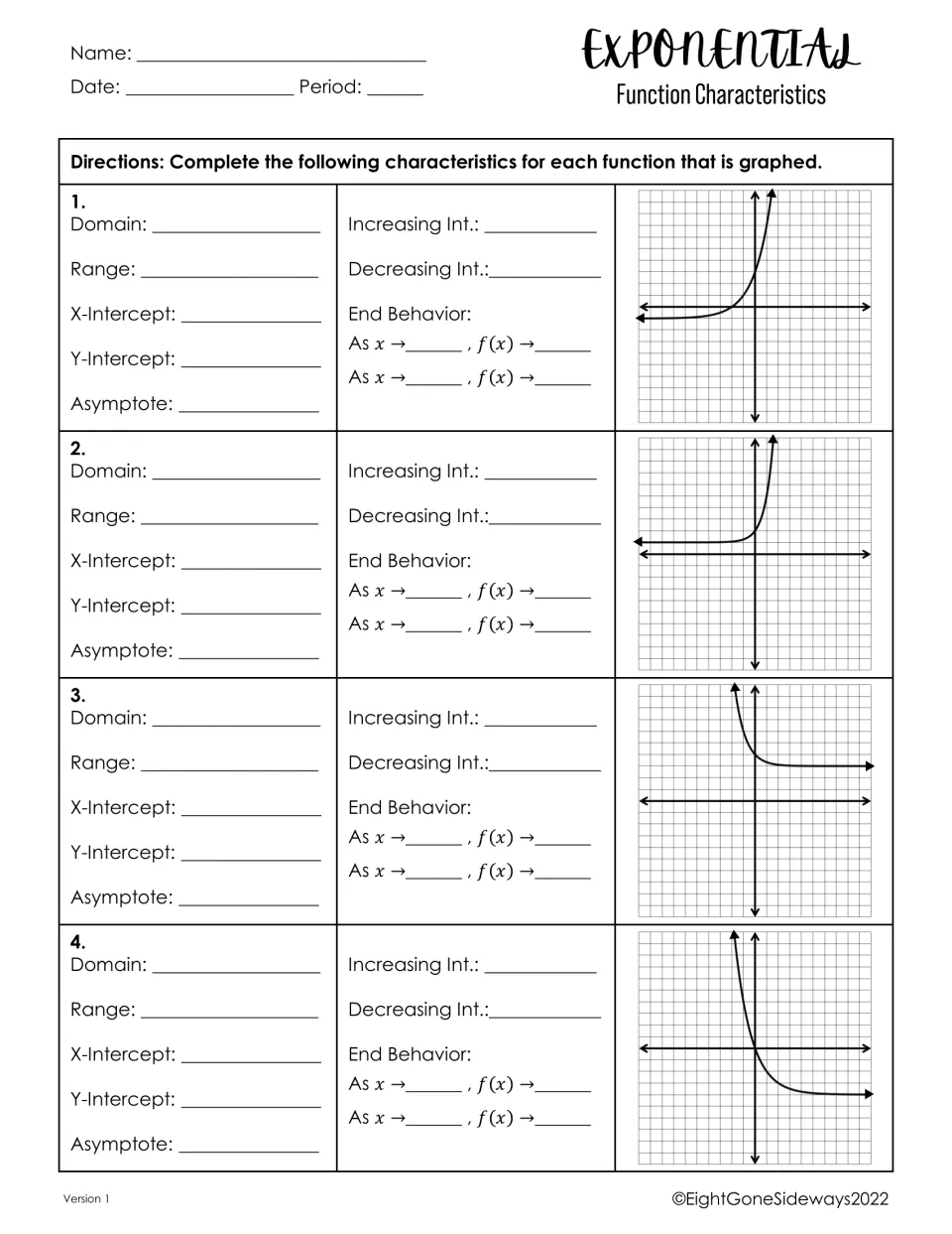 Exponential function graphs: students find domain, range, intercepts, asymptote, intervals and end behavior for 4 curves