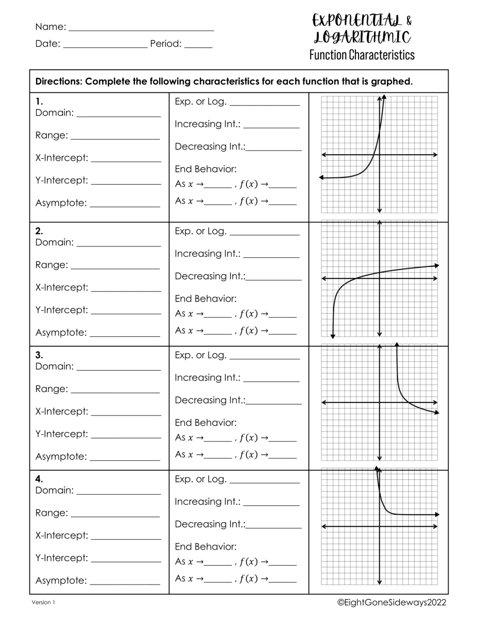 Exponential and logarithmic function characteristics: students read 4 graphs for domain, range, intercepts and asymptotes