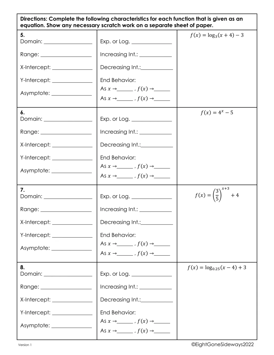 Characteristics from equations: students classify 4 log and exponential functions and find domain, range and end behavior