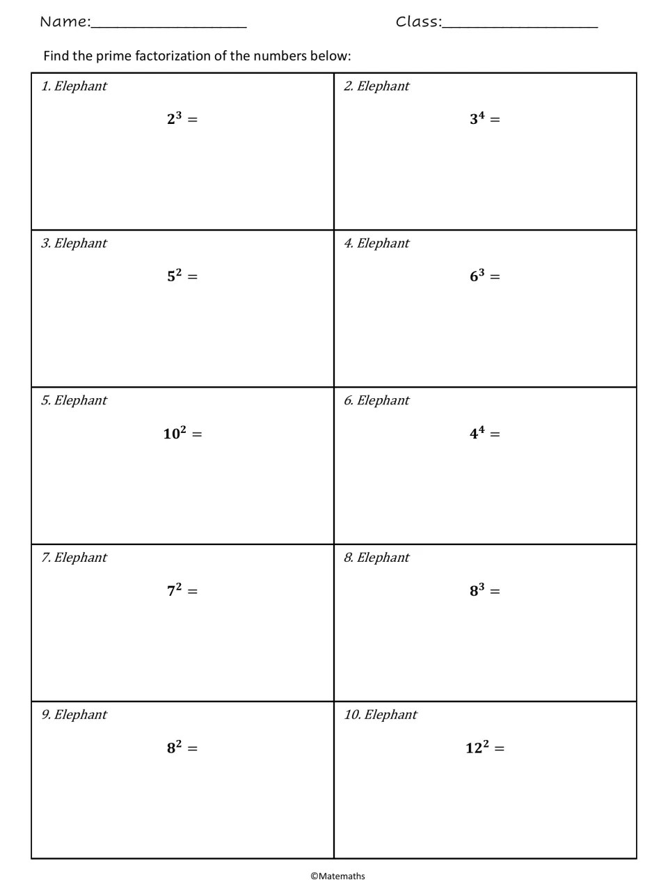 Elephant set: students evaluate 10 single powers such as 2^3, 3^4, 10^2 and 12^2, under a prime factorization heading