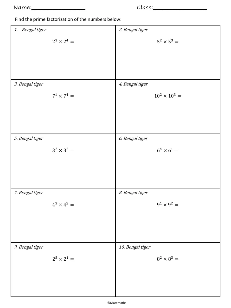 Bengal tiger set: students simplify 10 products of powers with the same base, such as 2^3 x 2^4 and 10^2 x 10^3