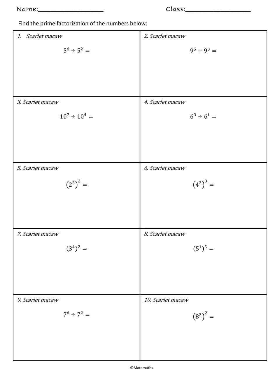 Scarlet macaw set: students divide like bases, as in 5^6 ÷ 5^2 and 10^7 ÷ 10^4, and simplify nested terms such as (2^3)^2