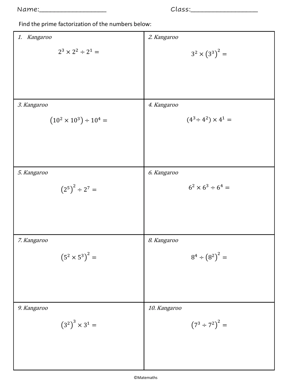 Kangaroo set: students combine exponent rules to simplify 10 mixed expressions, such as 2^3 x 2^2 ÷ 2^1 and (5^2 x 5^3)^2