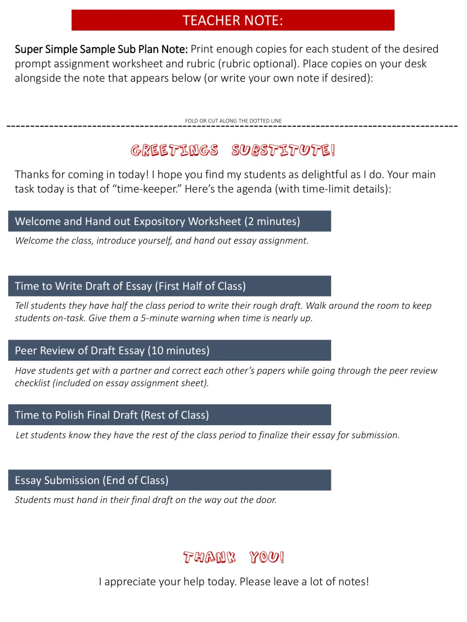 Sub plan note: teacher prep steps, then a Greetings Substitute letter timing drafting, peer review, polishing, submission