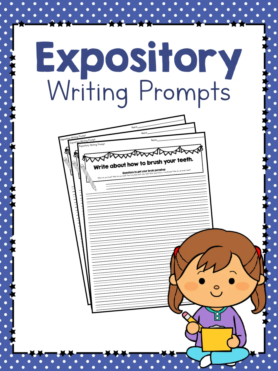Expository Writing Prompts cover showing stacked prompt sheets; the top one asks students how to brush their teeth