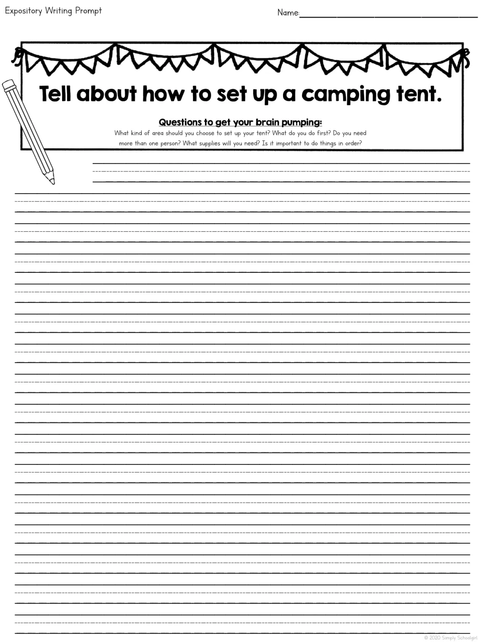 How-to prompt on setting up a camping tent: students explain the steps in order, with brain-pumping questions on supplies