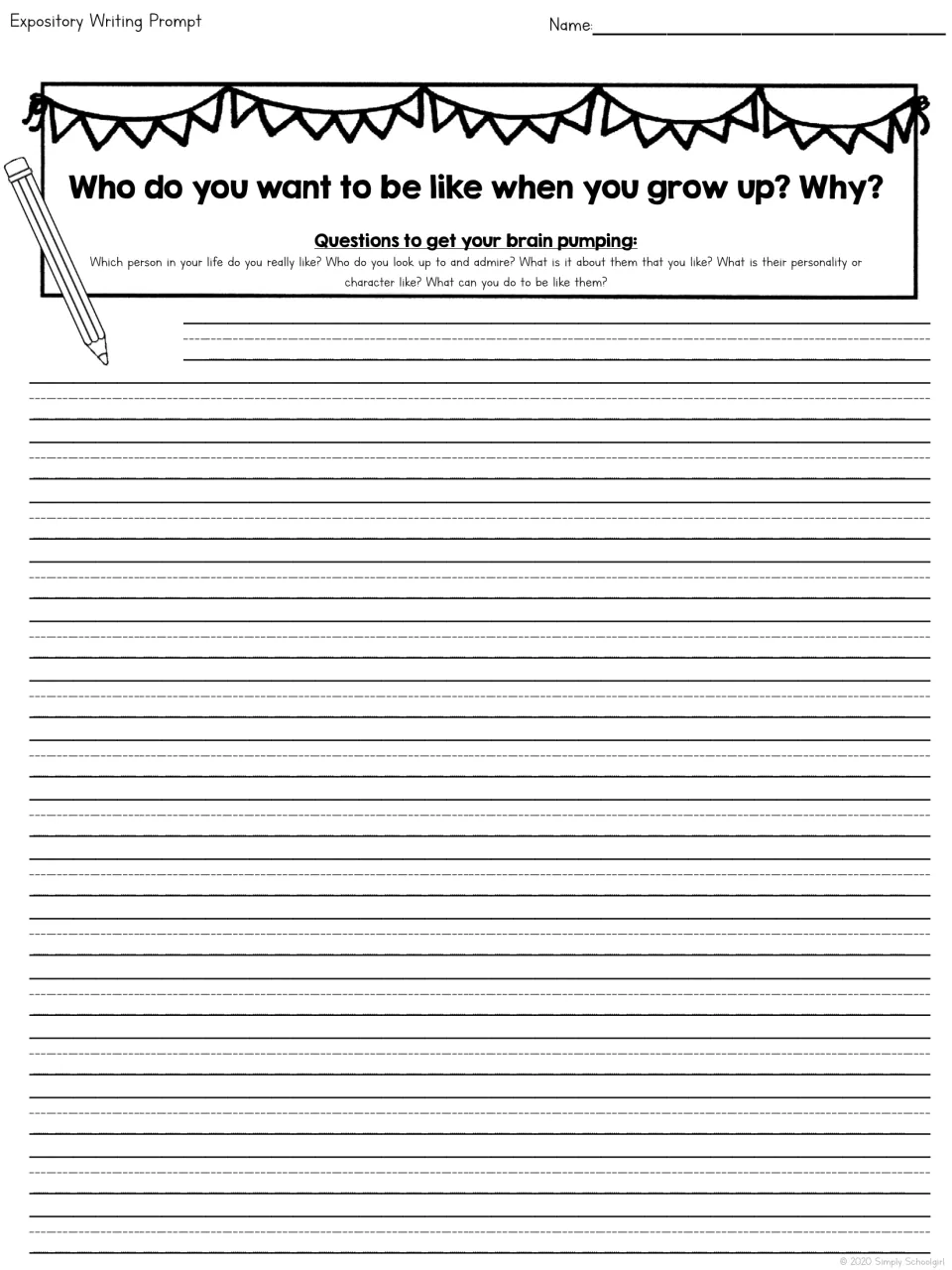 Role model prompt: students write who they want to be like when they grow up and why, describing a person they admire