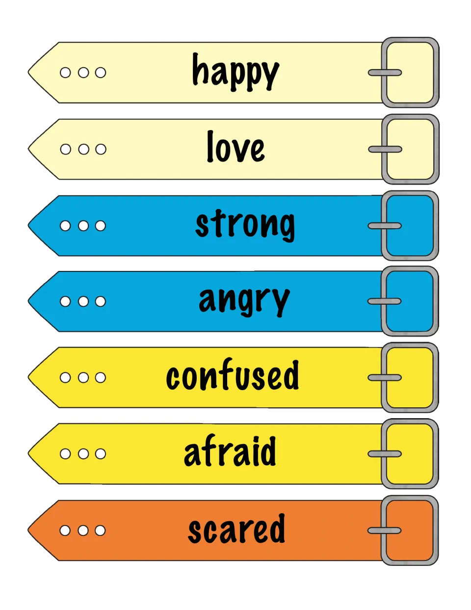 Feeling bracelet cut-outs labeled happy, love, strong, angry, confused, afraid and scared for students to wear and act out