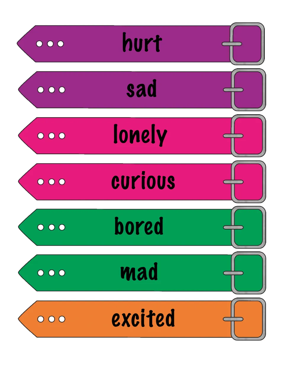 More feeling bracelets to cut out, labeled hurt, sad, lonely, curious, bored, mad and excited for emotion role-play