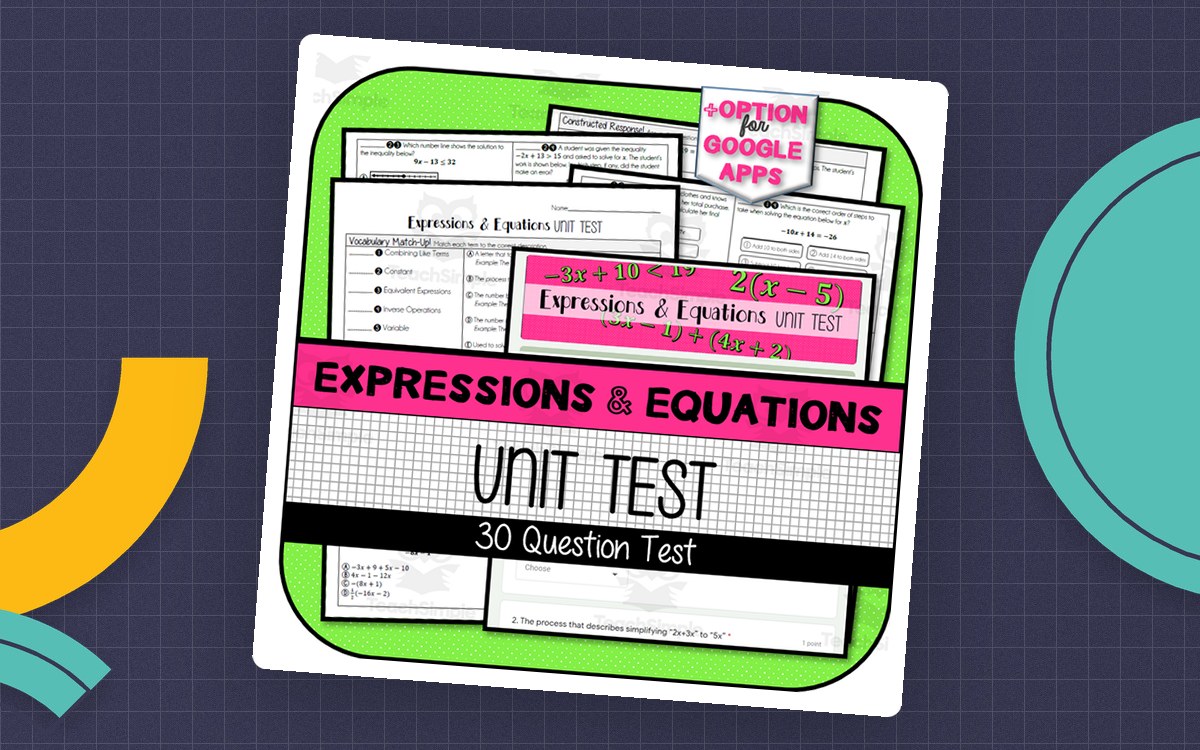 Expressions and Equations Unit Test cover with page previews.