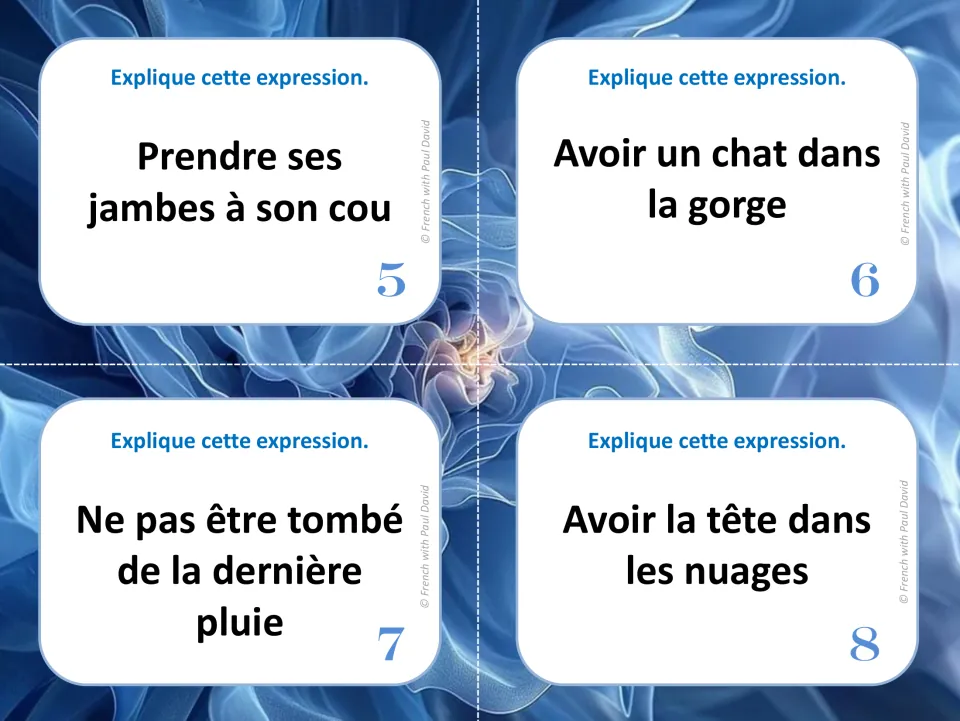 French idiom task cards 5–8 include avoir un chat dans la gorge (have a frog in your throat) and three more.