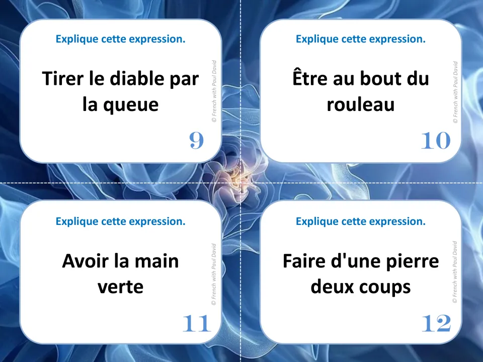French idiom task cards 9–12 include avoir la main verte (have a green thumb) and three more expressions.