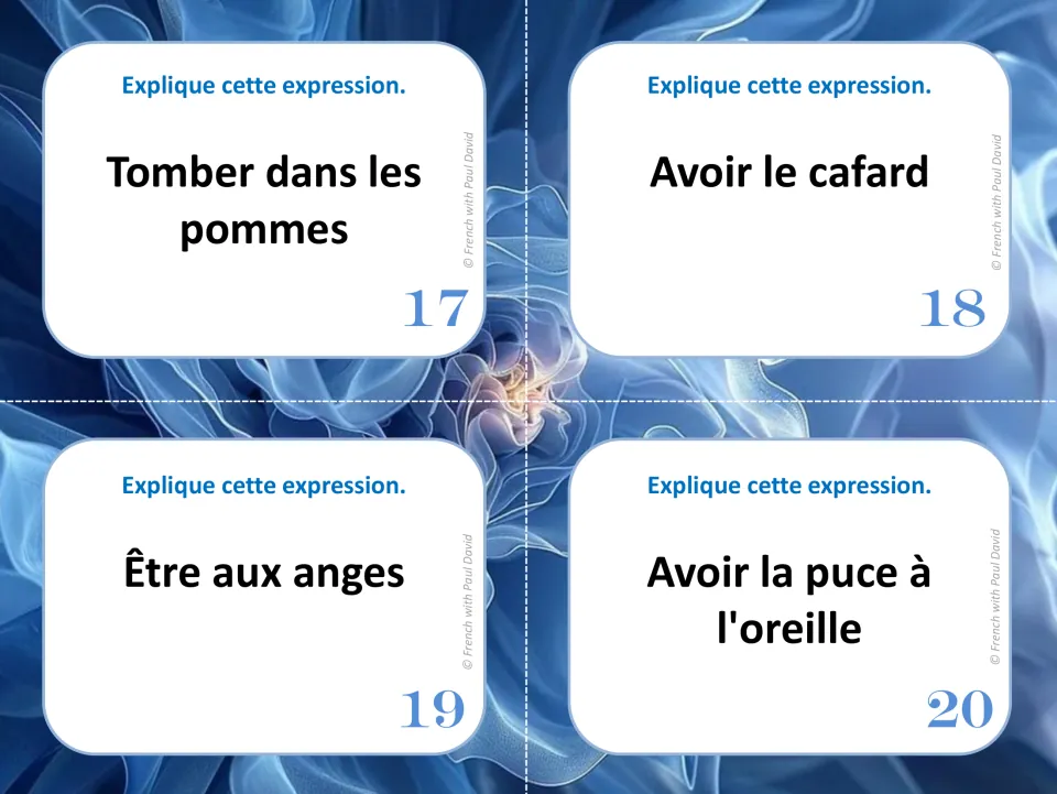 French idiom task cards 17–20 include tomber dans les pommes (faint) and être aux anges (be delighted).