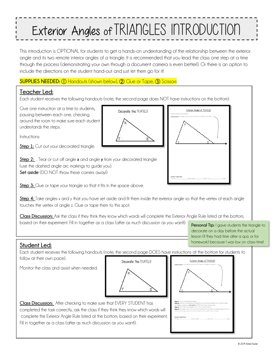 Exterior angles hands-on introduction: teacher-led and student-led steps to cut, tear and glue triangle corners