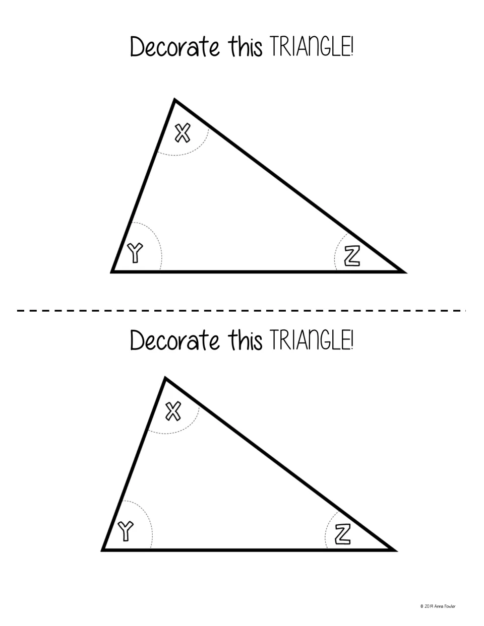 Decorate this Triangle: two triangles with angles x, y and z marked by dashed arcs for students to color and cut out