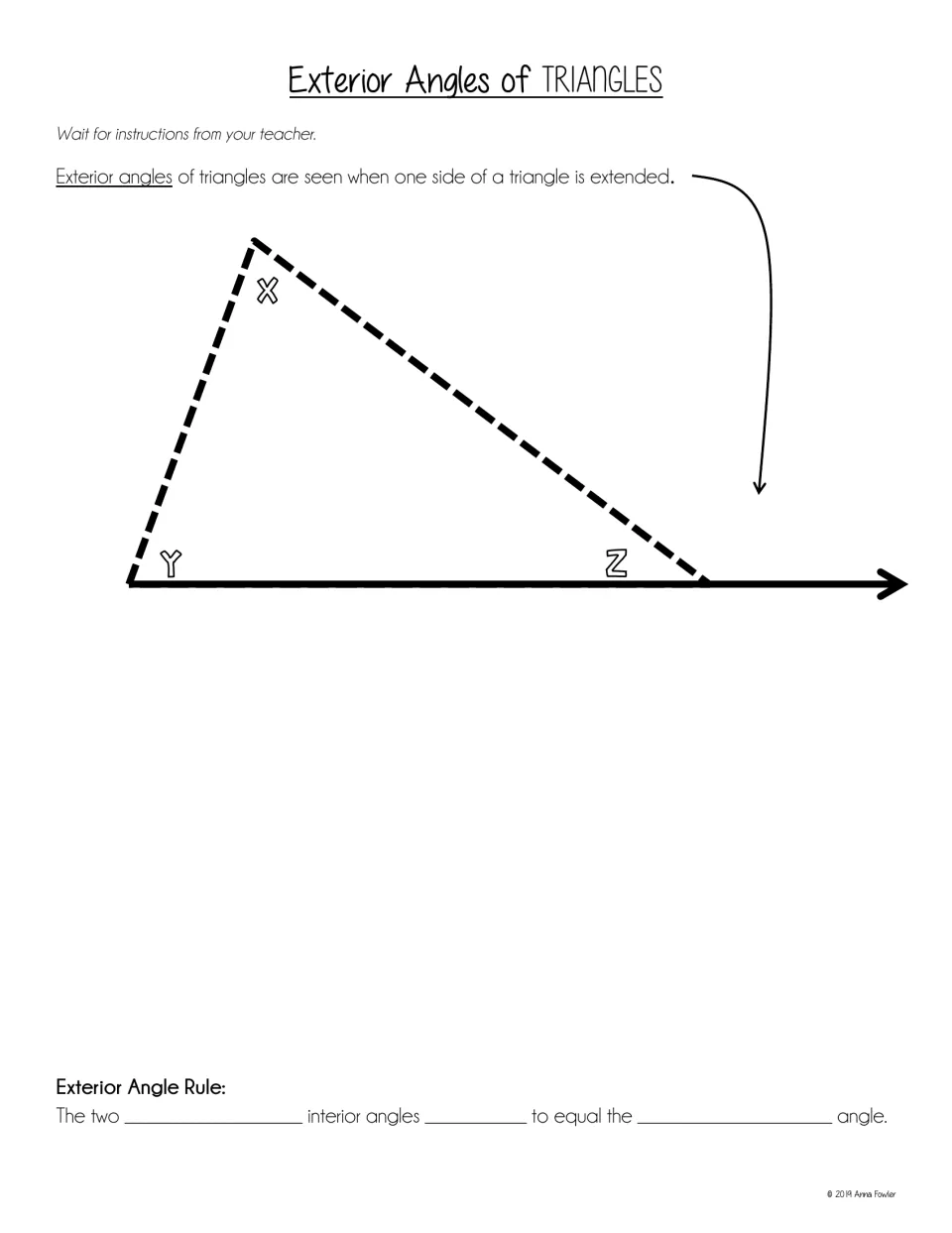 Exterior angles of triangles: students glue a triangle on an extended side and complete the Exterior Angle Rule blanks
