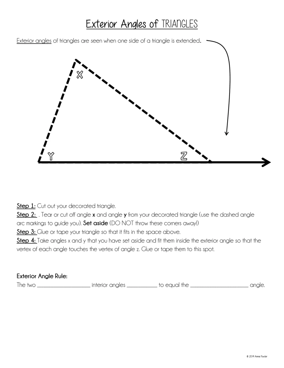 Exterior angles handout with Steps 1-4: cut off angles x and y, fit them in the exterior angle at z, then fill in the rule