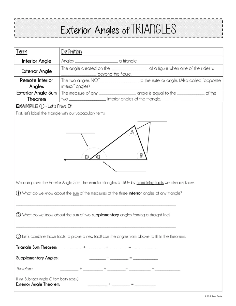 Exterior angles notes: fill-in definitions of interior, exterior and remote interior angles, then prove the theorem