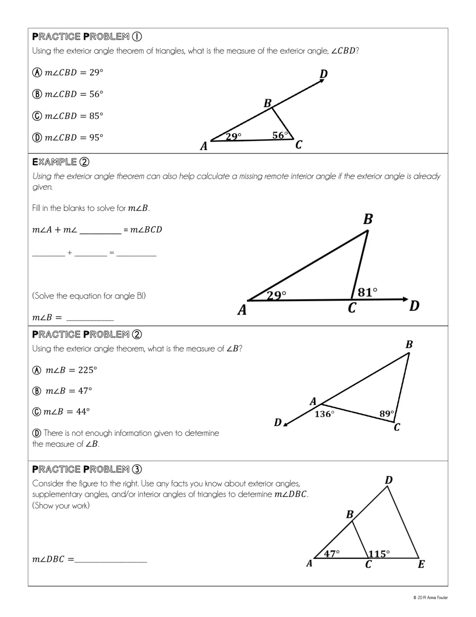Exterior angle practice: students solve for exterior and missing remote interior angles from labeled triangle diagrams