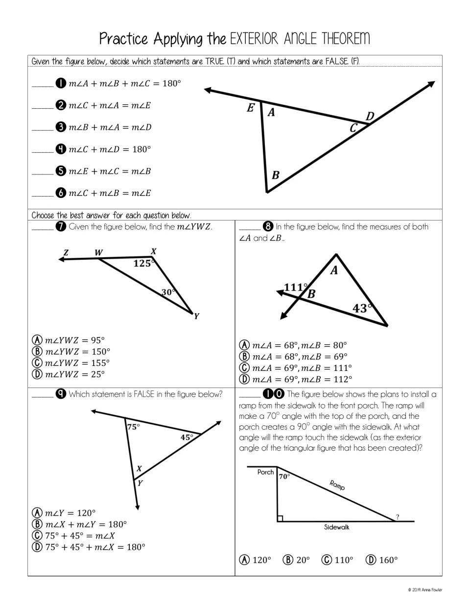 Practice Applying the Exterior Angle Theorem: six true/false angle statements and four multiple-choice figure problems