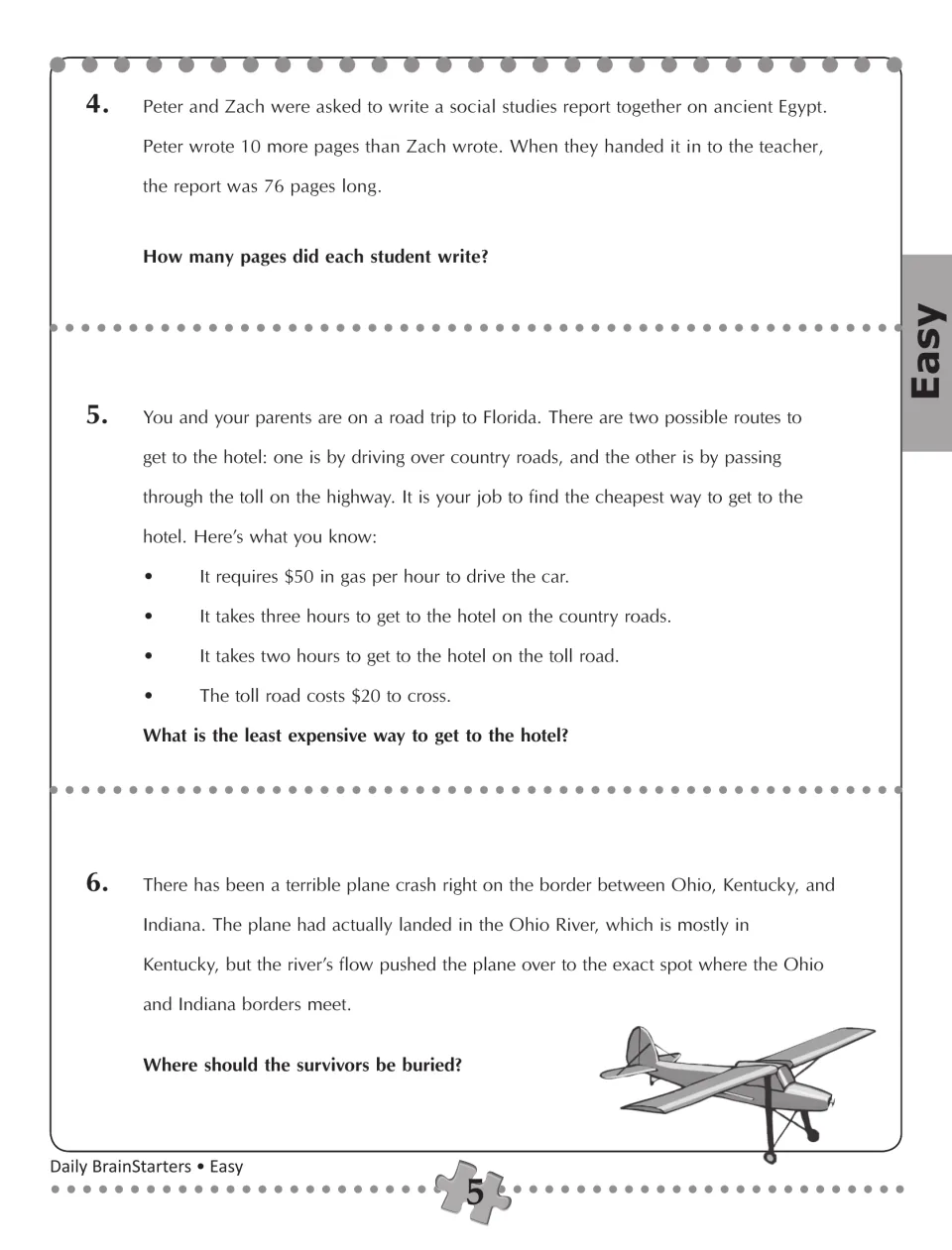 Easy puzzles 4-6: split a 76-page report, compare gas and toll route costs, and solve a plane crash trick question