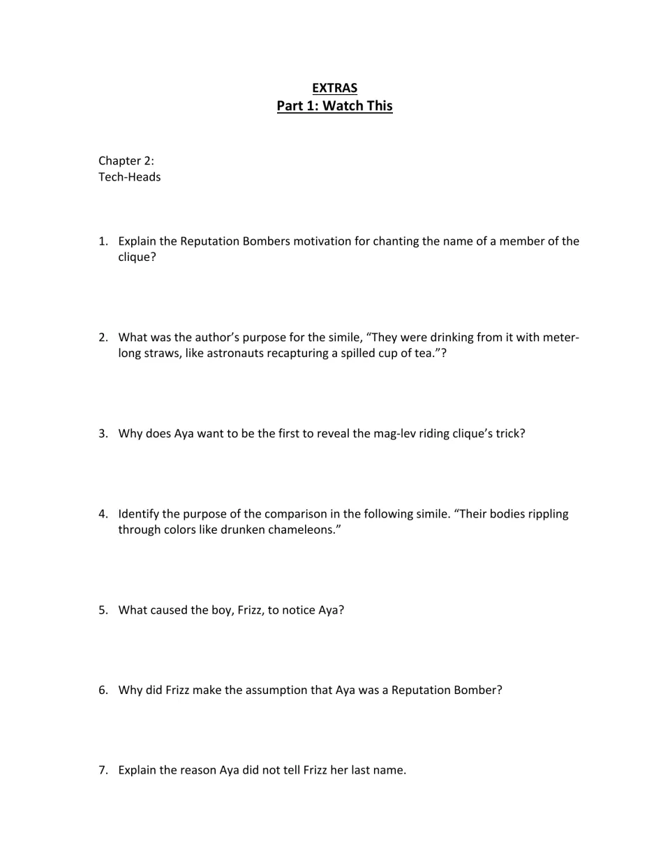 Chapter 2, Tech-Heads: seven short-answer questions on Reputation Bombers, similes, Aya, and Frizz