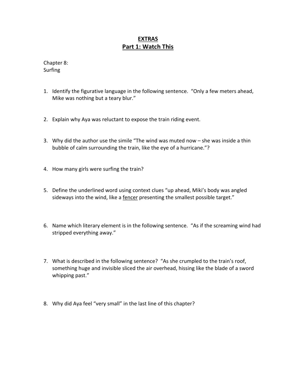 Chapter 8, Surfing: eight short-answer questions on train riding, figurative language, and the word fencer