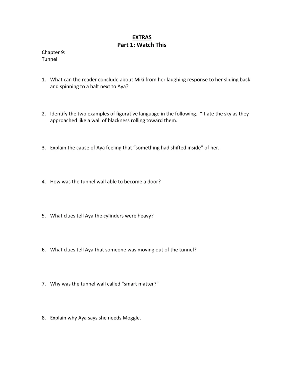 Chapter 9, Tunnel: eight short-answer questions on Miki, Aya’s emotions, heavy cylinders, and smart matter